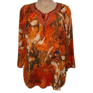 LANE BRYANT 70s-Style Beaded Tunic Women 18/20 Orange Canyon Colors Metallic EUC